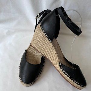 Kenneth Cole Olivia Style Black Leather Ankle Strap Wedge Heel Espadrilles